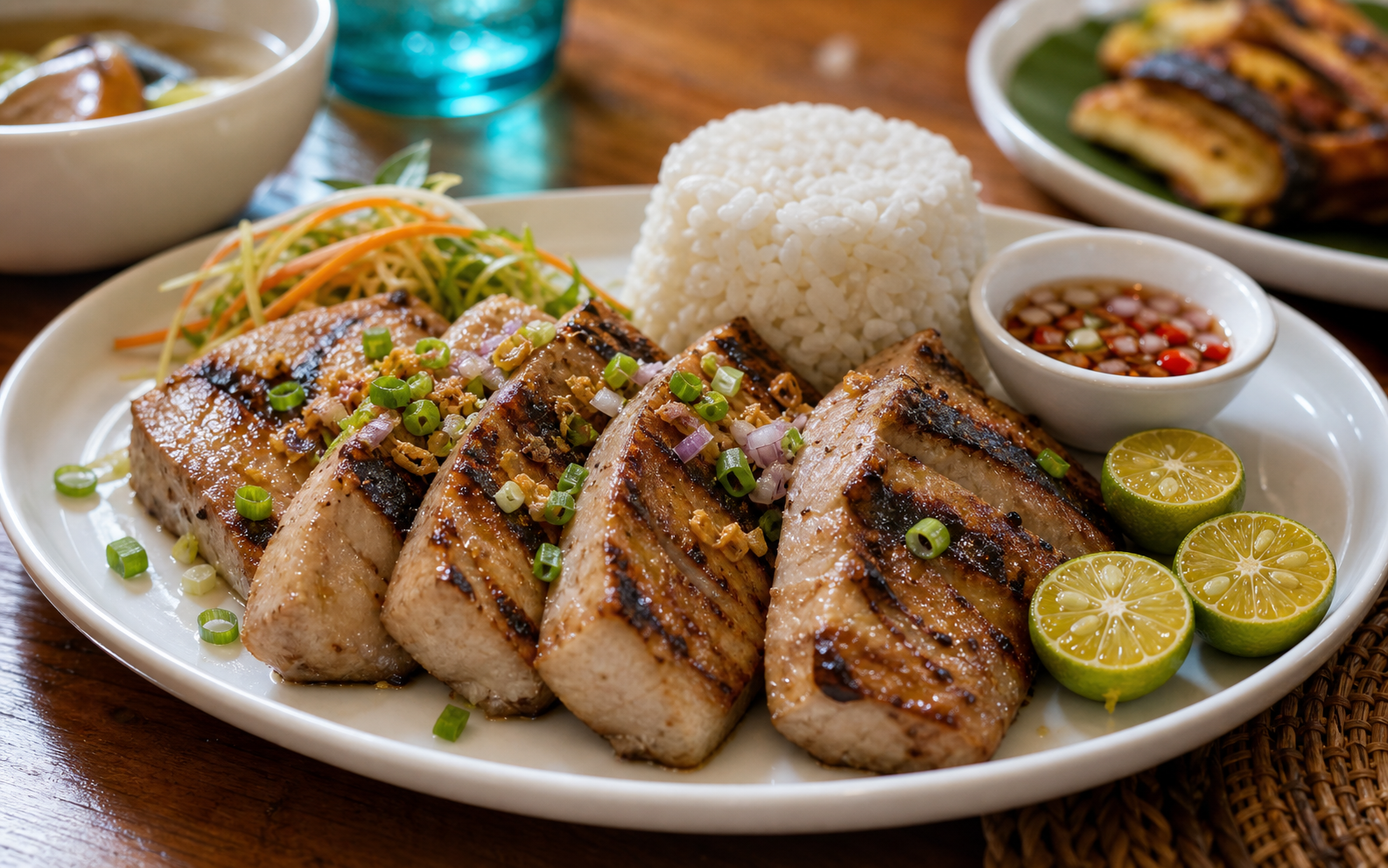 Grilled tuna meal with rice and dipping sauces