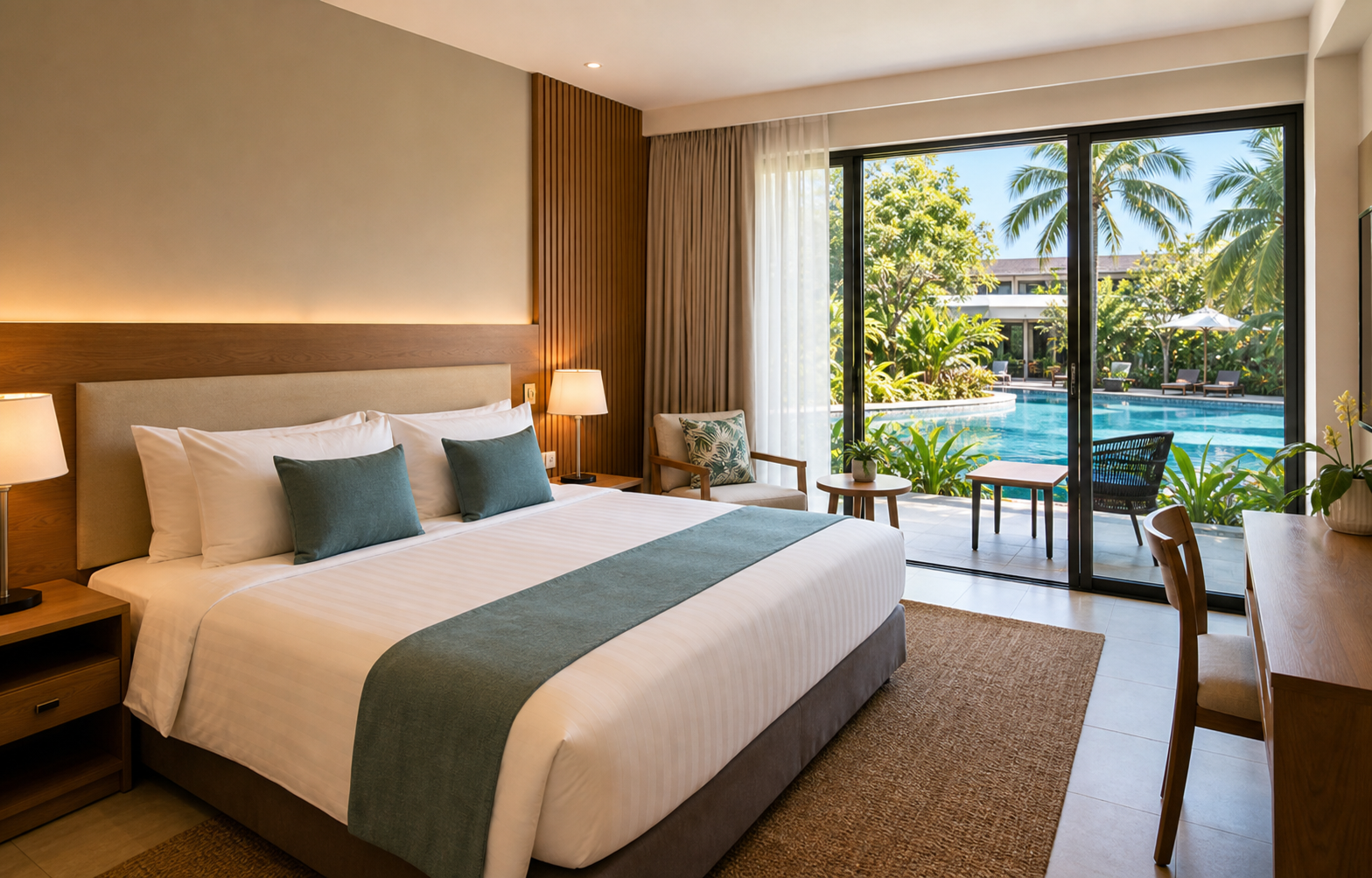 Modern hotel room with a swimming pool view