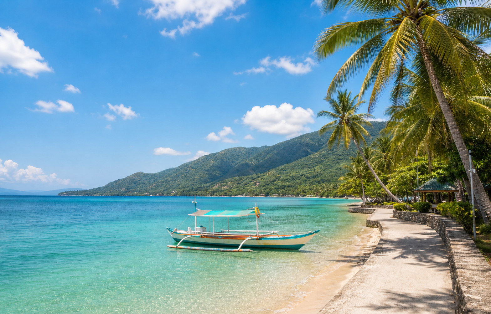 Sarangani coast with beach, palms, and mountain view